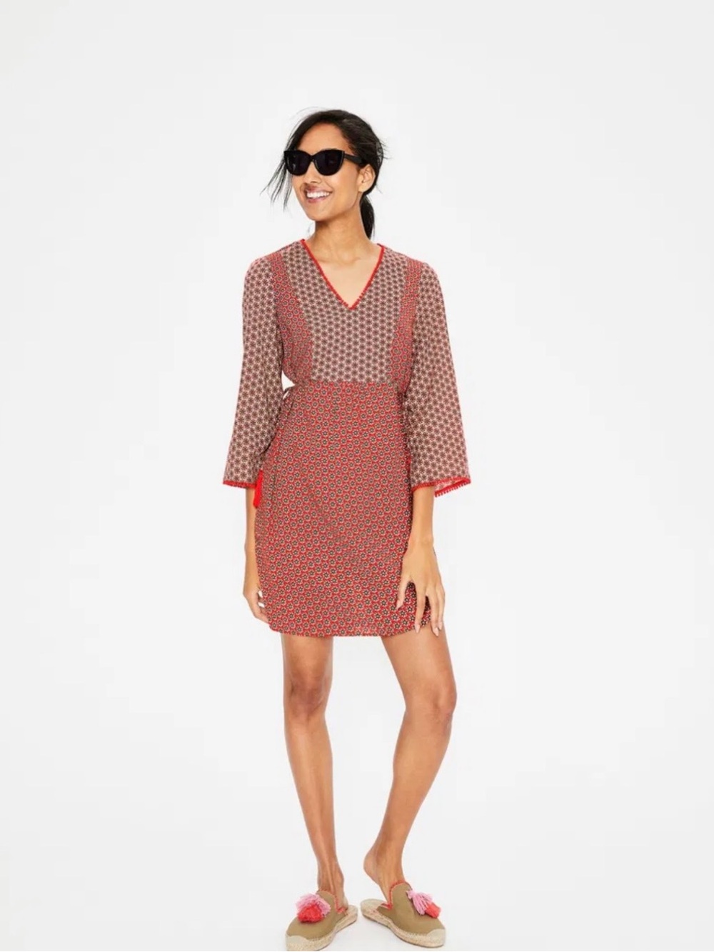 Boden Red Floral Mini V-Neck Dress